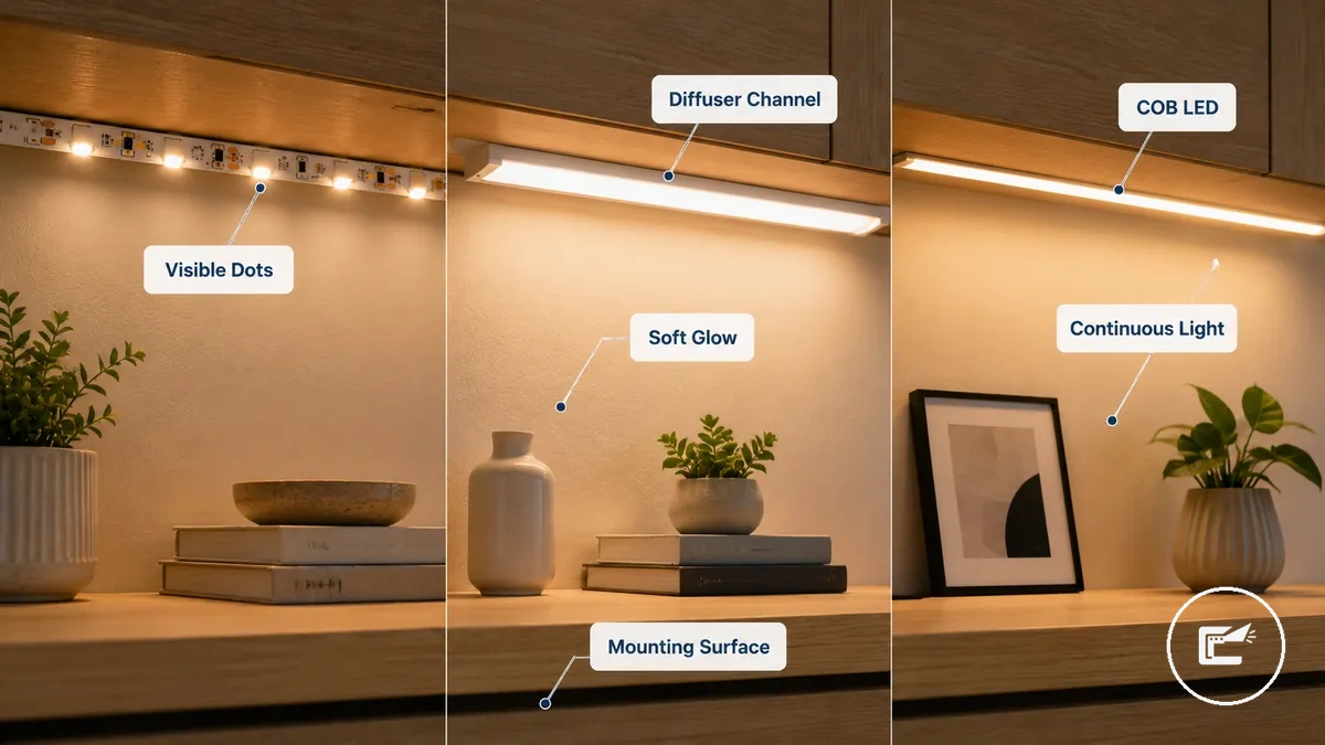 مقارنة بين ضوء شريط LED المنتشر وCOB للأجواء الداخلية الناعمة على أسطح الخزائن والأرفف
