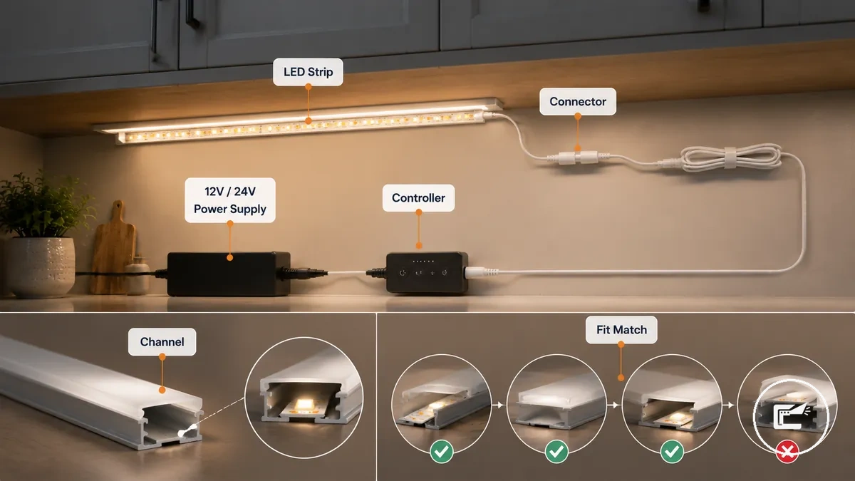 Kompatibilitätsdiagramm für Schrankbeleuchtung mit LED-Streifen, Netzteil, Controller, Anschluss, Kanal und Montageteilen
