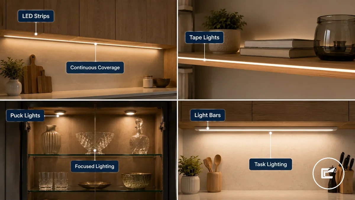 Arten der Schrankbeleuchtung: LED-Streifen, LED-Bänder, Puck-Leuchten und Lichtleisten mit einfachen Beschriftungen