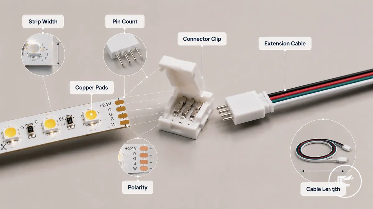Kompatibilität von LED-Streifen-Verbindern und Verlängerungskabeln mit Angaben zu Streifenbreite, Pin-Anzahl und Polarität