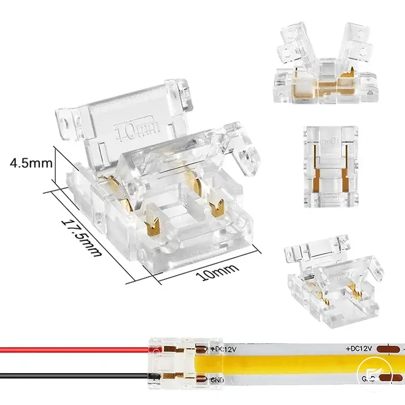 Solderless COB strip to wire connector for CCT, FCOB, and RGB LED strips