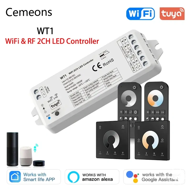 Tuya WiFi LED dimmer controller for 12V, 24V, and 36V CCT LED strip setups