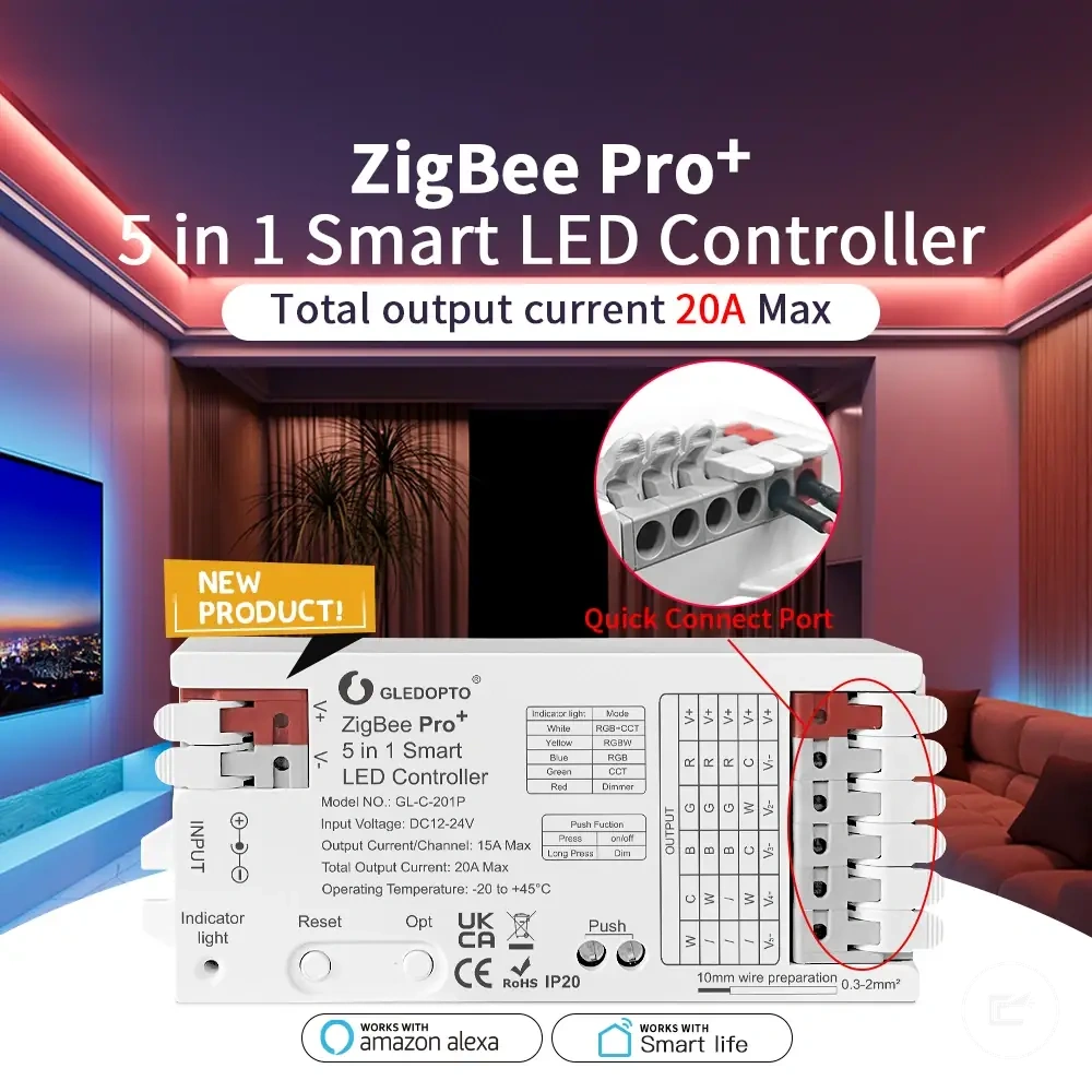 ZigBee LED strip controller for RGB, RGBW, CCT, and dimmer strip setups