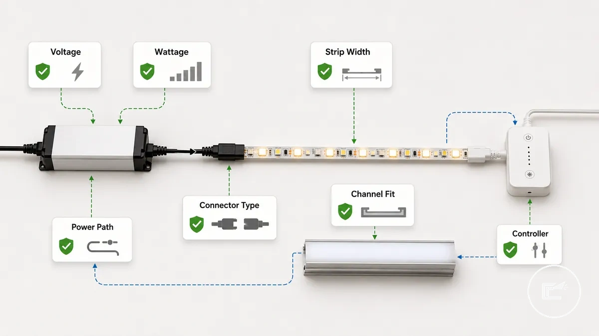 LED strip lighting compatibility diagram showing strip, connector, power supply, controller, and diffuser channel fit