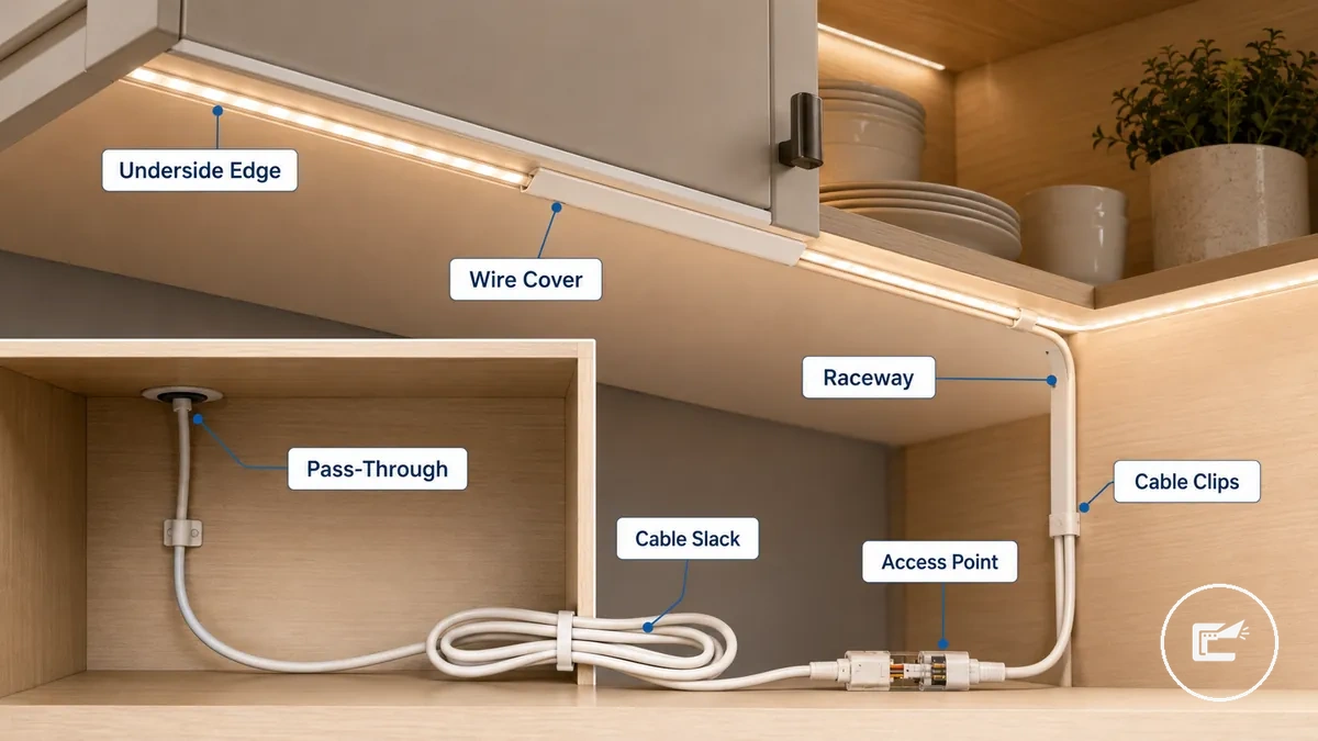 LED strip wires hidden under a cabinet with wire cover and cable clips while leaving access to connections
