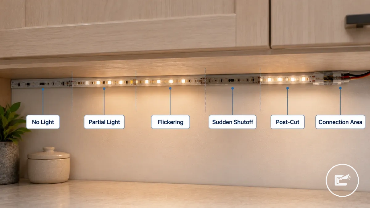 Failure symptoms before testing an LED strip showing no light, partial light, flickering, and post-connection failure