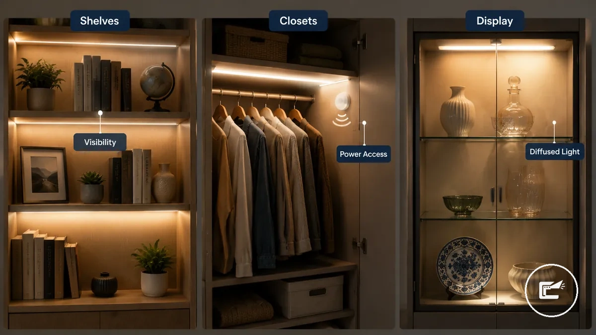 LED strip lighting examples in shelves closets and display cabinets organized by small storage space