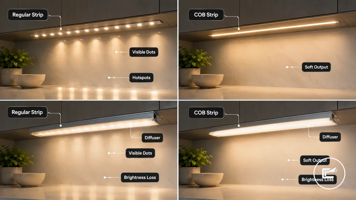Cabinet LED strip lighting comparing visible dots, COB strip output, and diffuser channel softness