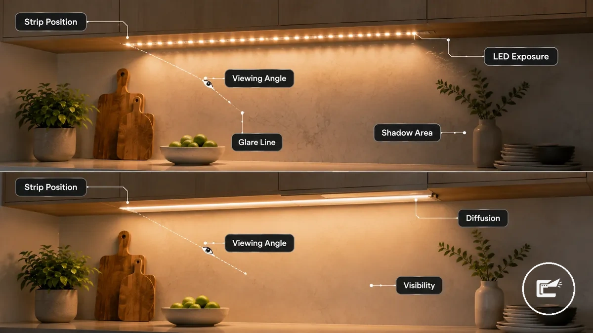 LED strip placement factors showing visibility glare shadow viewing angle and diffusion