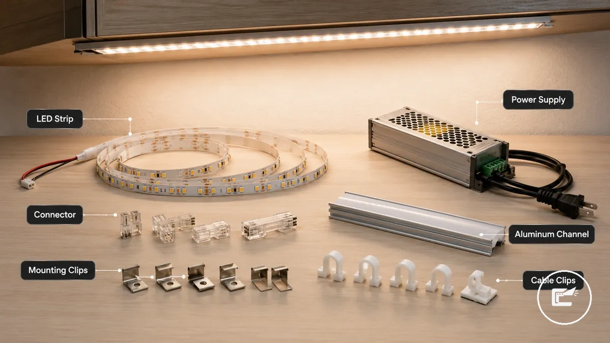 LED strip installation components for under cabinet mounting