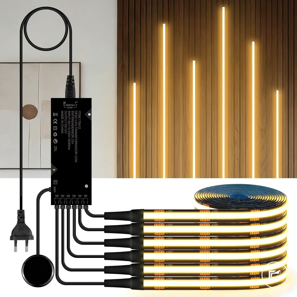 Tira LED COB con PCB negro y control táctil regulable para panel de pared y decoración de armarios