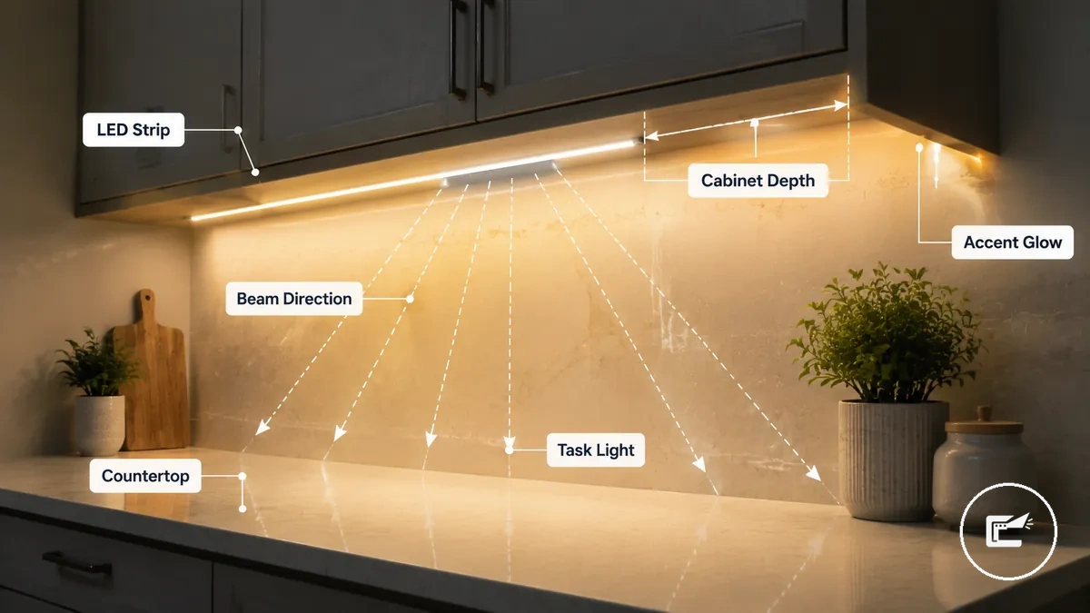 Iluminación con tiras LED bajo armario que muestra la dispersión de luz sobre una encimera