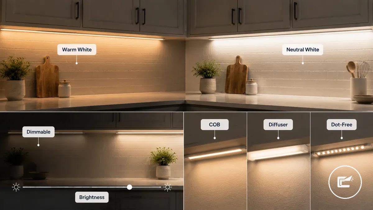Comparación de calidad de luz de tiras LED bajo armario con luz blanca cálida y luz difusa