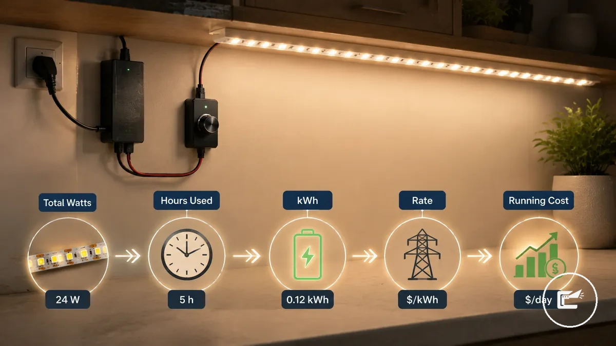Diagrama para calcular el costo de electricidad para tiras LED usando vatios, horas, kWh y tarifa eléctrica
