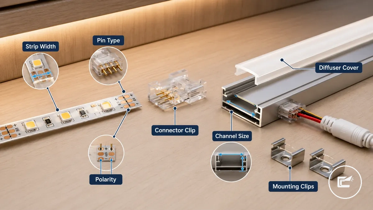 Puntos de ajuste de conectores de tira LED y canal de aluminio para iluminación de armarios