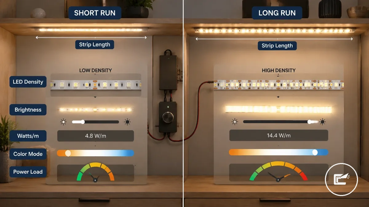 Gráfico comparativo de los factores de potencia que cambian el consumo de energía de las tiras LED, incluidos la longitud de la tira y la densidad de LED