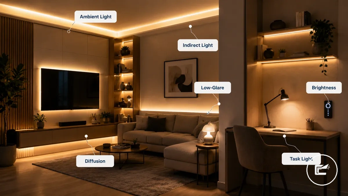 Iluminación indirecta con tiras LED y de armarios que crea luz ambiental interior a lo largo de los bordes de la sala