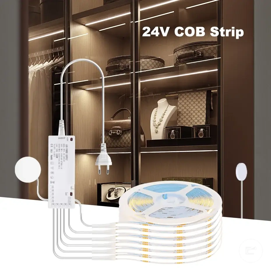 Ruban LED COB 24 V avec prise, variateur tactile et dos adhésif pour éclairage de placard