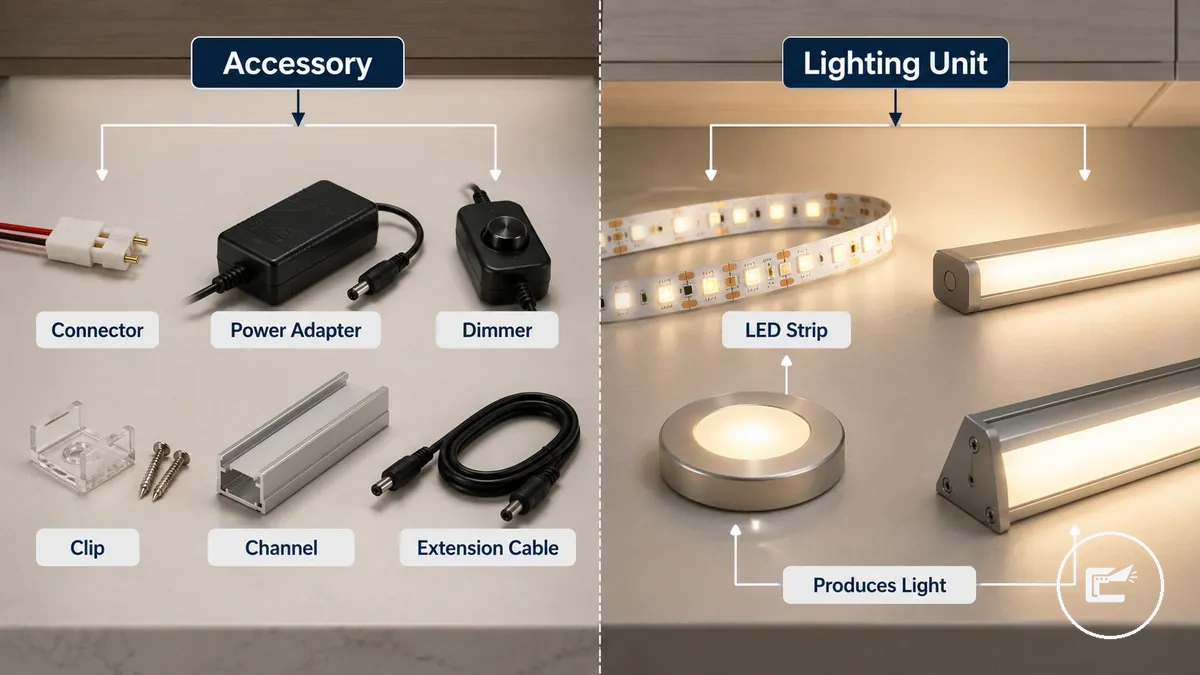 Pièces accessoires comparées aux unités d éclairage pour rubans LED et placards