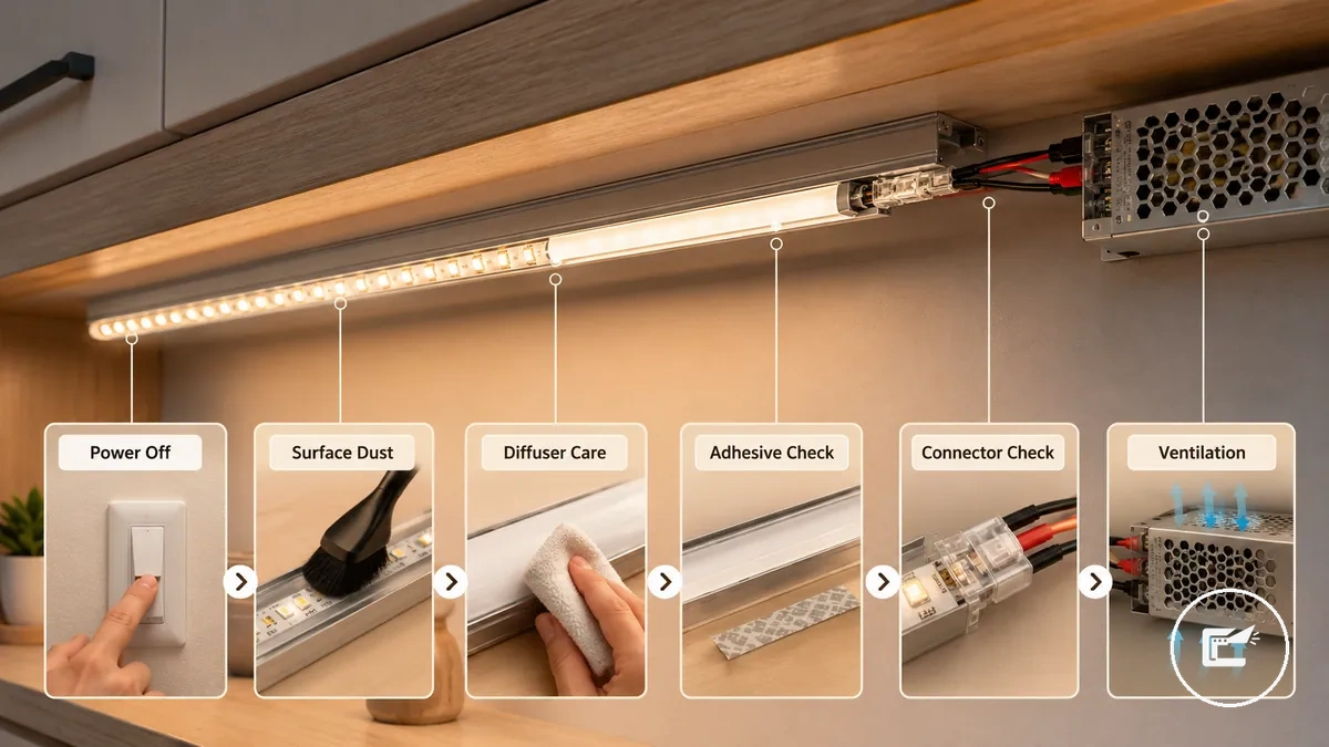 Séquence d entretien étape par étape pour les accessoires pour rubans LED et éclairage de placards