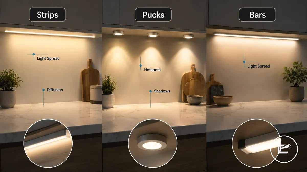 Rubans LED, spots et barres lumineuses comparés par la couverture lumineuse sous les placards
