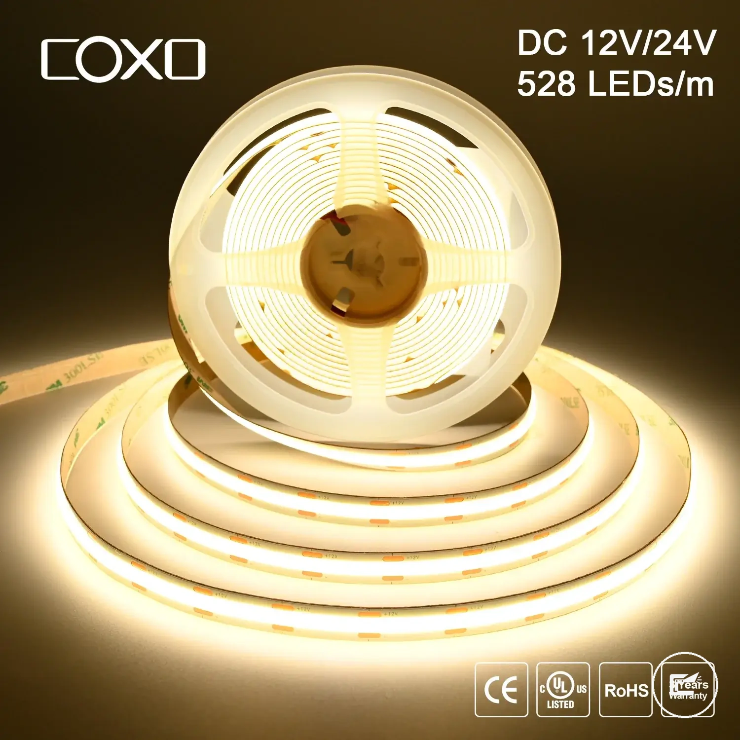 Fita LED COB linear dimerizável 12V e 24V com luz de 3000K, 4000K e 6500K