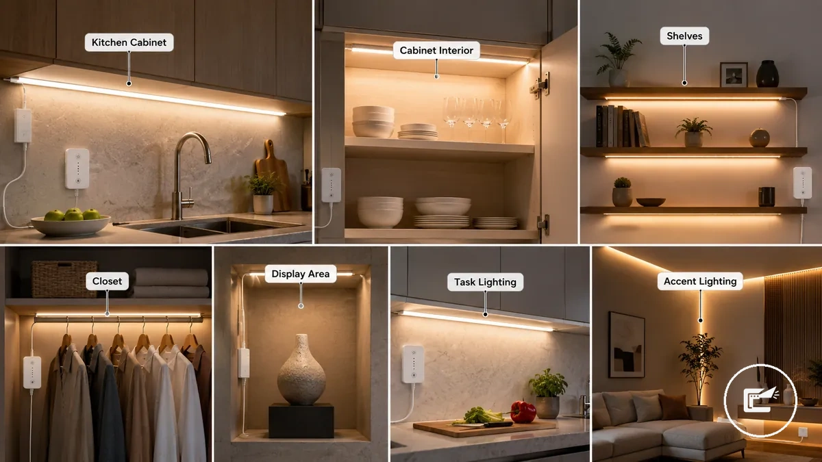 Casos de uso de iluminação com fita de LED para armários de cozinha, prateleiras, closets e áreas de exibição com exemplos visíveis de posicionamento