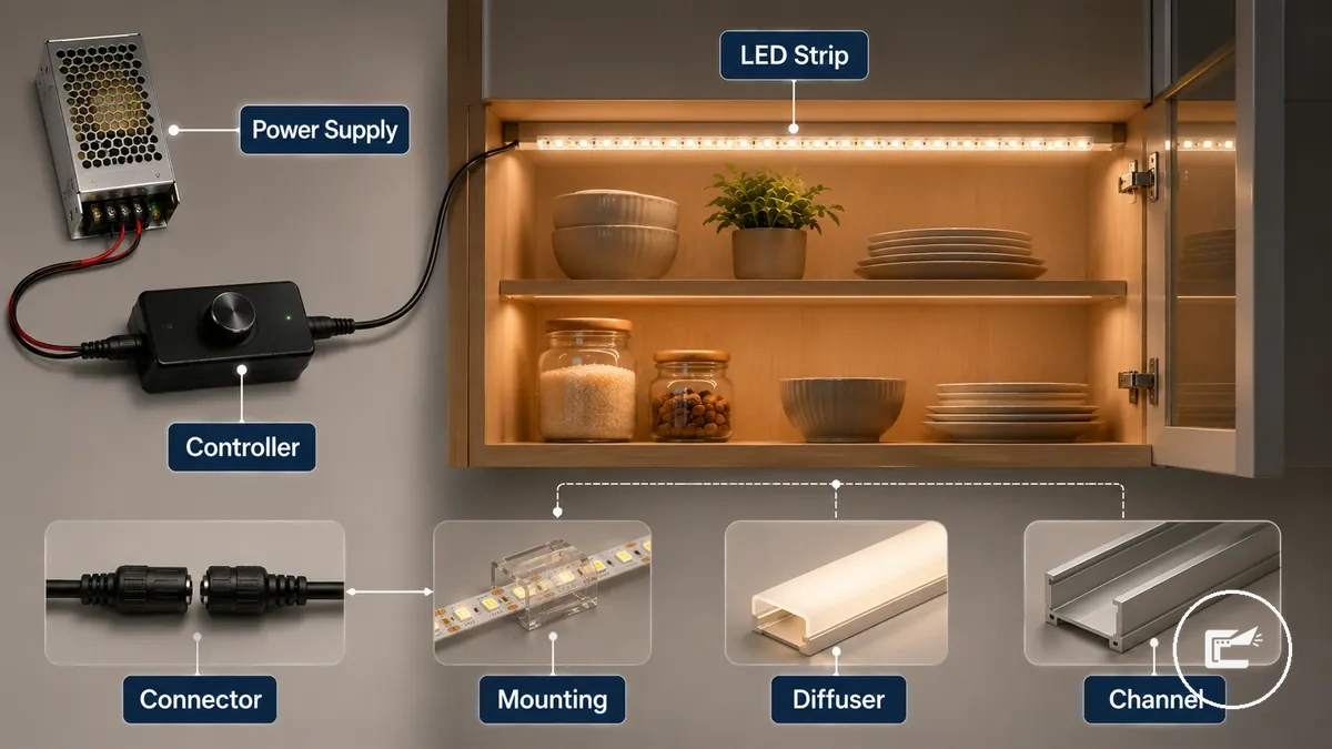 Componentes principais em uma instalação de fita de LED e iluminação de armários identificados por função