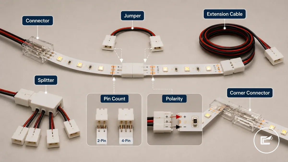 Conectores, jumpers, cabos de extensão e divisores para fitas de LED identificados com número de pinos e polaridade