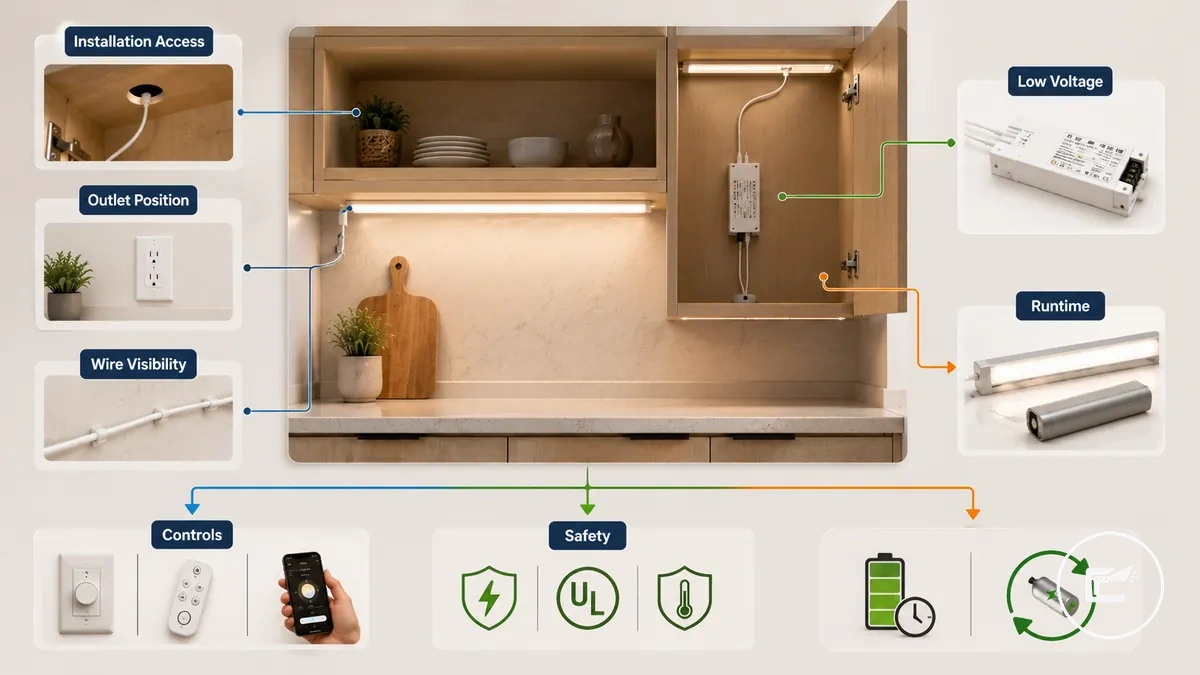 Diagrama de critérios de decisão para métodos de alimentação de iluminação de armário mostrando fatores de tomada, fiação, bateria e driver