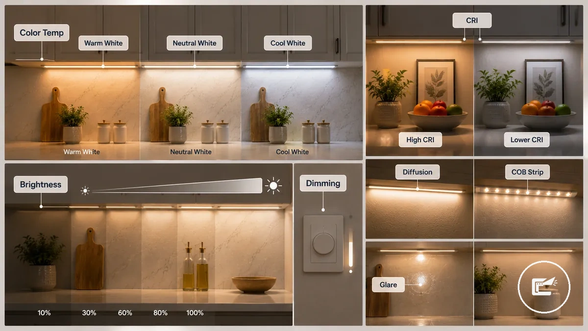Comparação de iluminação de armários mostrando aparência de cor, difusão, faixa de dimerização, ofuscamento e efeitos de diodo visíveis