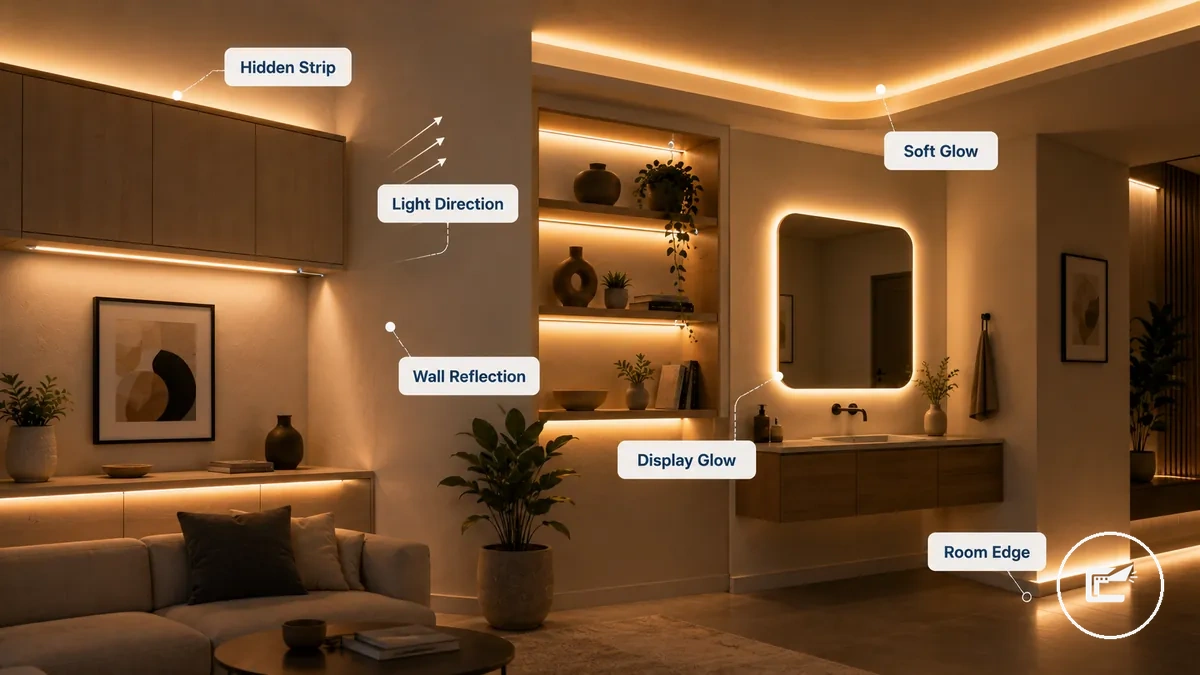 Ideias de ambiente com iluminação por fita de LED para armários, prateleiras, sancas e bordas de ambientes, mostrando direção da luz e efeitos de brilho