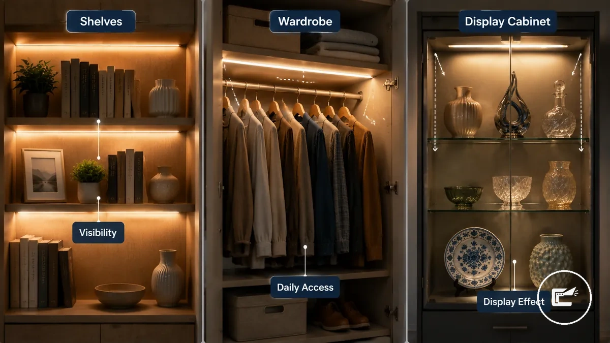 objetivos de iluminação para prateleiras, closets, guarda-roupas e vitrines usando fitas de LED