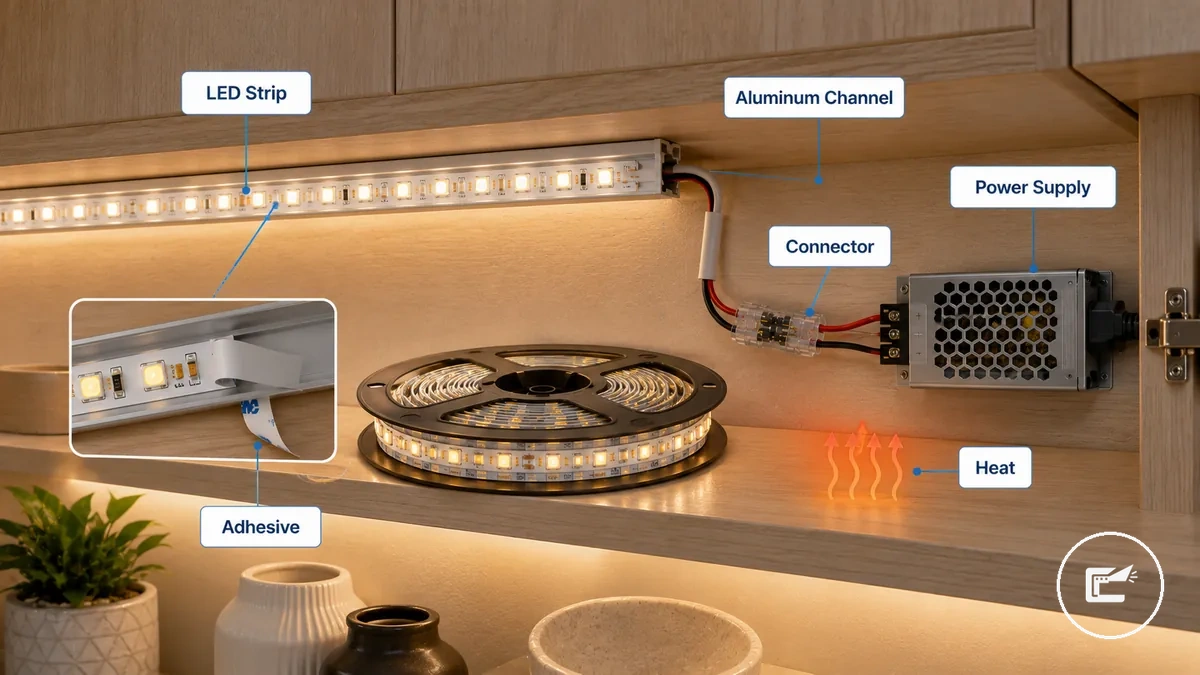 Diagrama mostrando rolo de fita de LED, fonte de alimentação, conector, fita adesiva, canal de alumínio e componentes de fixação do armário