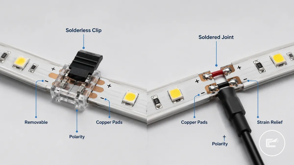 Fitas de LED cortadas reconectadas com conector sem solda e junta soldada mostrando alinhamento de polaridade
