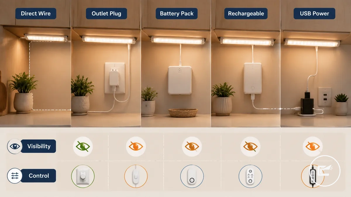 Kablolu, prizli, pilli, şarj edilebilir ve USB güç yöntemlerini gösteren dolap LED aydınlatma
