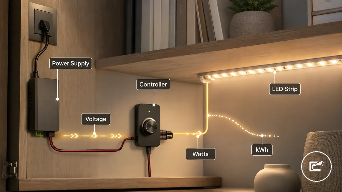 LED şeritlerin dolap aydınlatmasında bir güç kaynağı, kontrolör ve LED şerit aracılığıyla elektrik kullanımını gösteren şema